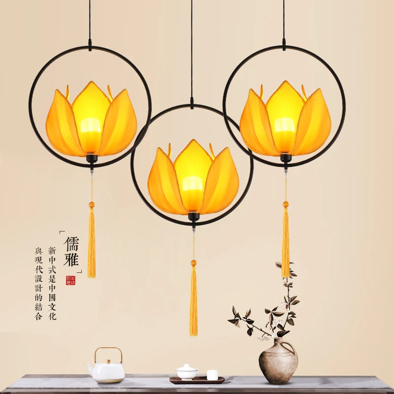 

New Chinese style chandelier dining room lamp classical living room lamp fabric antique hotel tea house hand-painted round Chine