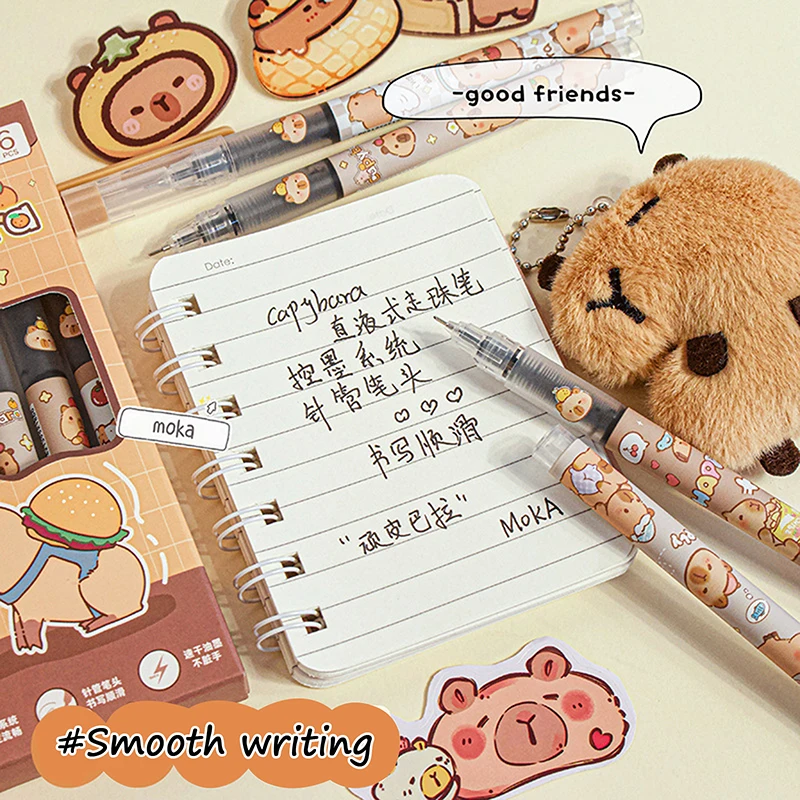 6Pcs Cute Capybara Straight Liquid Ballpoint Pen Quick-drying Neutral Pen School Office Writing Stationery Birthday Gifts