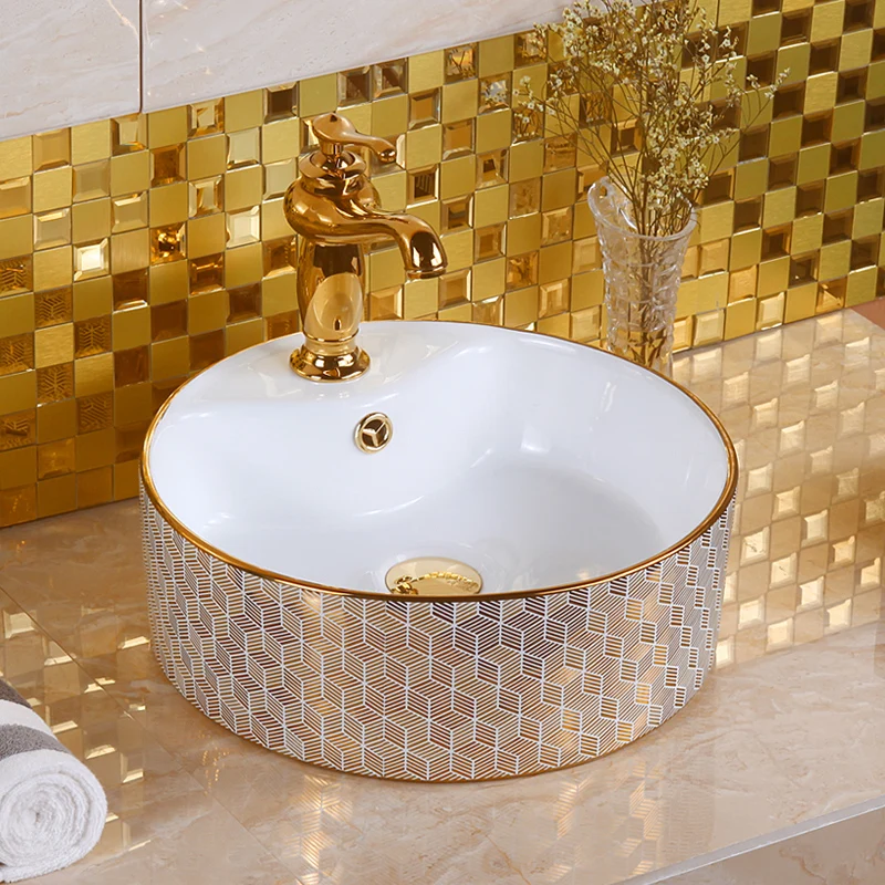 Gold-plated silver circular countertop basin, ceramic hand wash basin