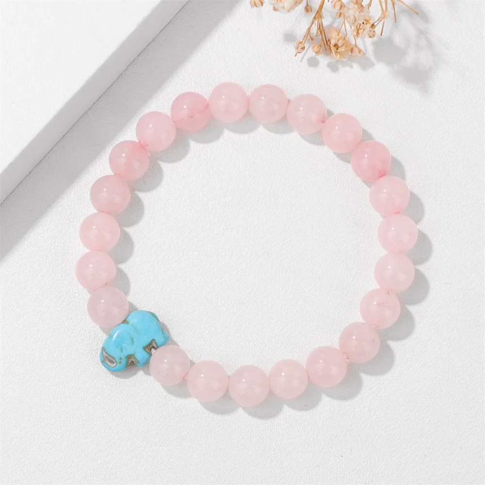 Blue Turquois Elephant Charm Bracelet Natural Pink Quartzs Amazonite Stone Bead Bracelet Cute Animal Elephant Charm Bangle Gift