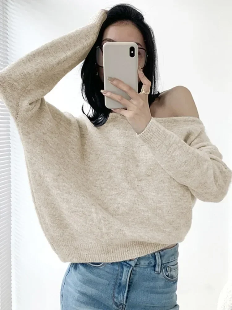 Korean Woman Sweaters Off Shoulder Split Knitted Y2K Tops Elegant Women Solid Pullovers Fashion Pull Femme Jumper Fall Clothing