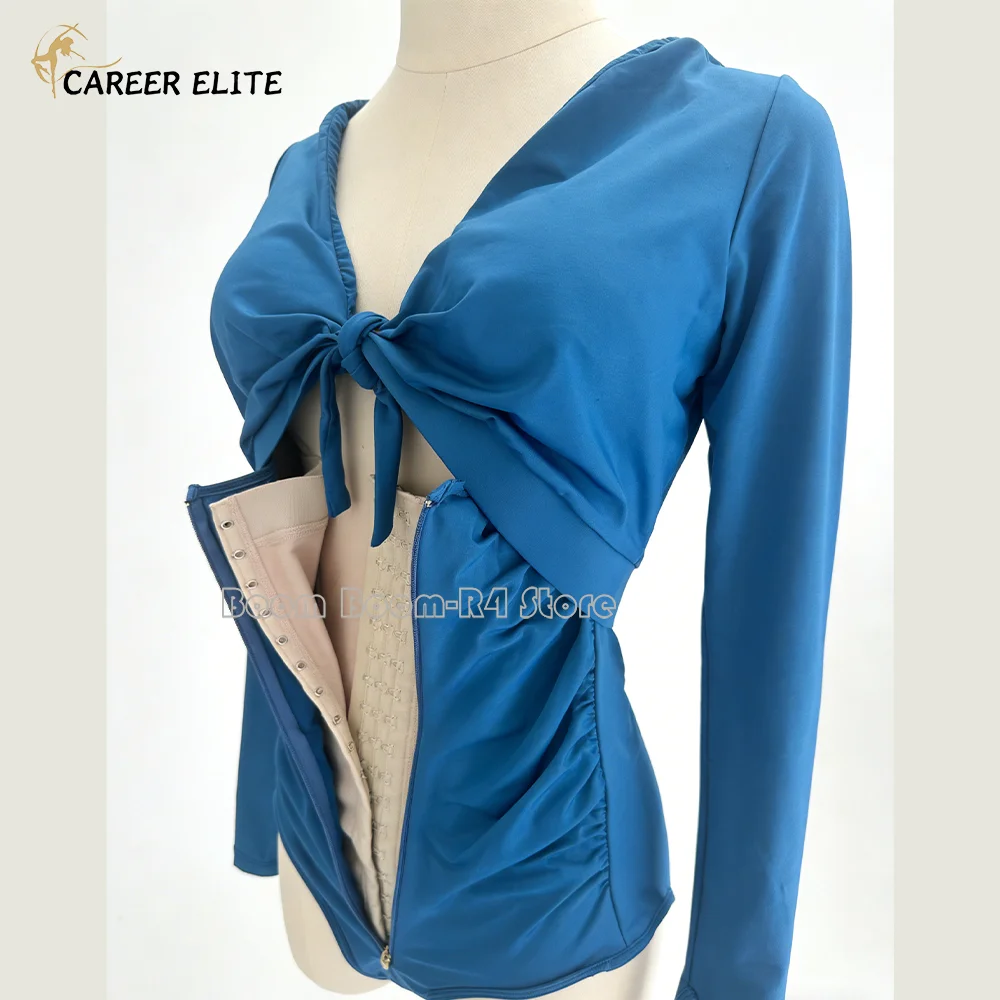 

Женское синее корректирующее боди с длинными рукавами и утягивающим эффектом для живота – утягивающее белье с вырезами и завязками спереди, на крючках и петельках