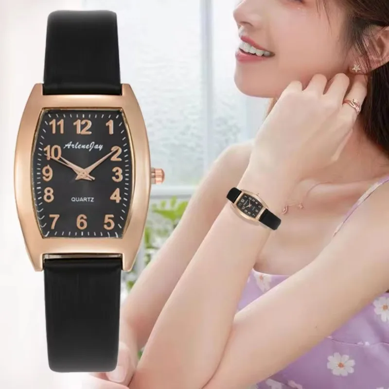 

Tonneau Shaped Women's Watches Arabic Numerals Leather Strap Simple Casual Multi-color Alloy Dial Watches Ladies Quartz Watches