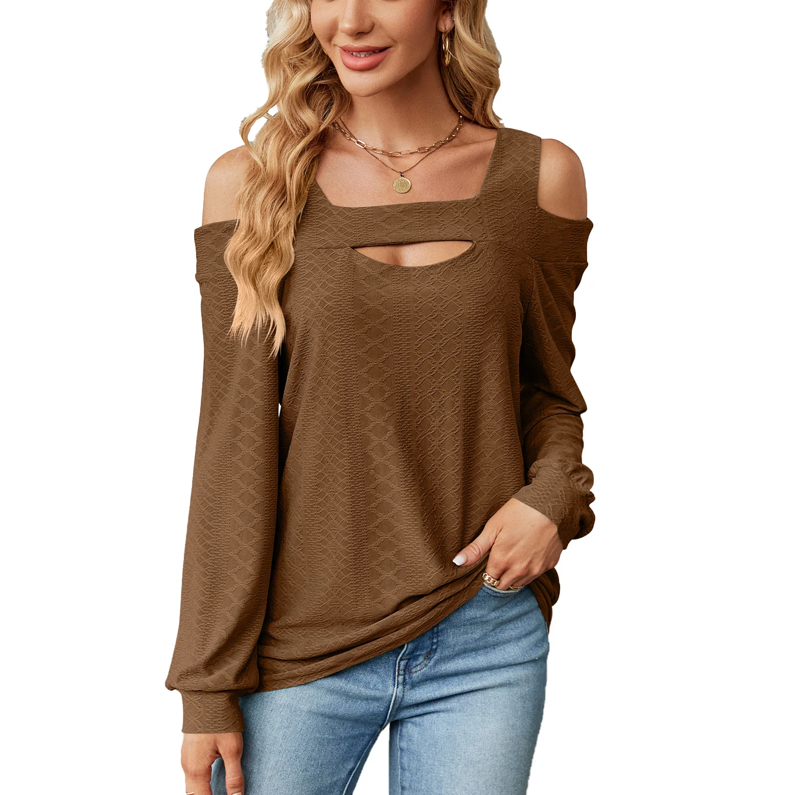 

Autumn and Winter Fashion New Solid Color Hollow Loose Long-sleeved T-shirt Casual Tops Female