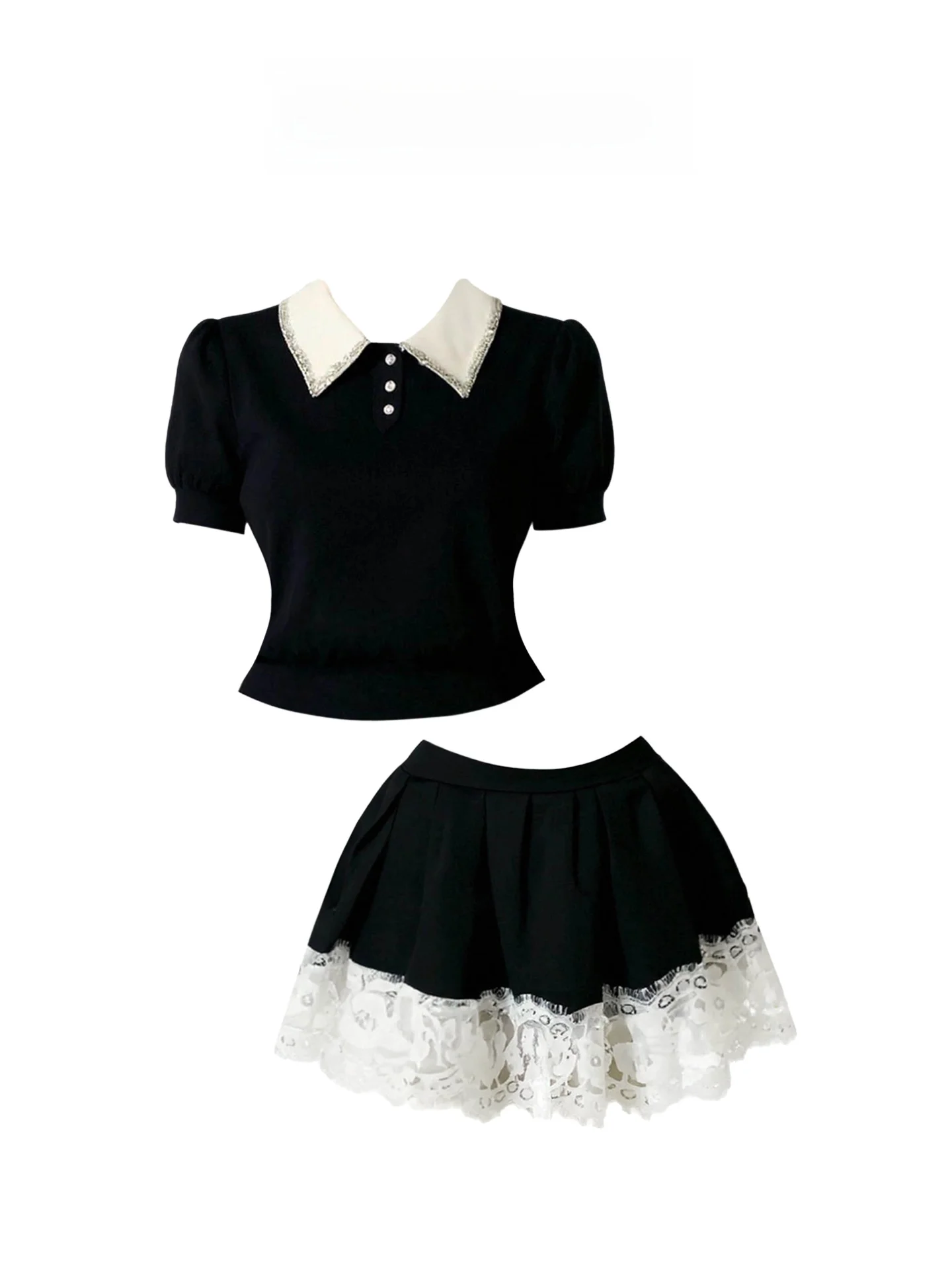 

HEZA plus Size Lace Trimmed Knitted Top And Skirt Set Summer Faion Korean Sle High Waist A-Line ort Skirt Ensemble