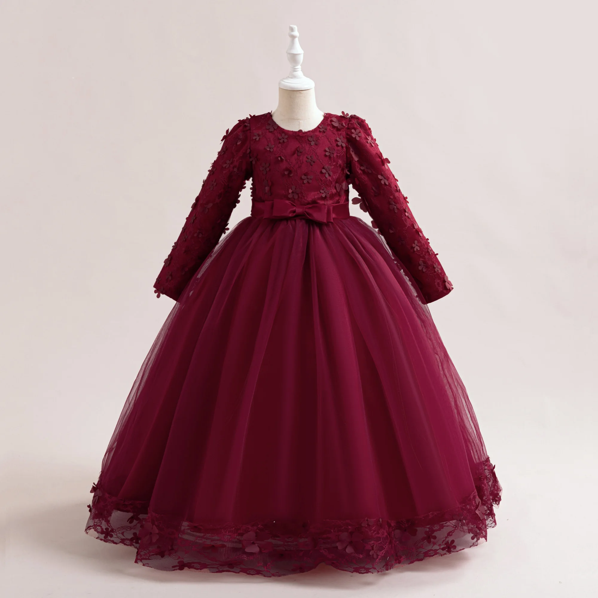 Long Sleeve Flower Bridesmaid Girls Dress Children Christmas Costume Lace Bow Princess Kids Dressees For Girl Party Wedding Gown