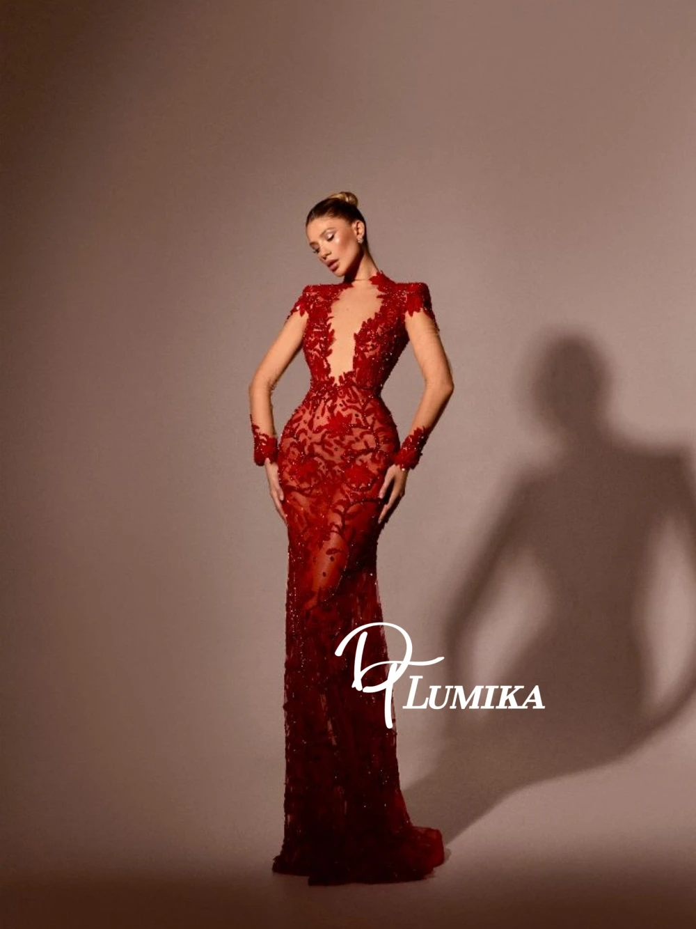 Charming Red Floral Evening Dress Sexy Illusion Dazzling Cocktail Gown Customized Beautiful Long Sleeved Beaded Banquet Wear