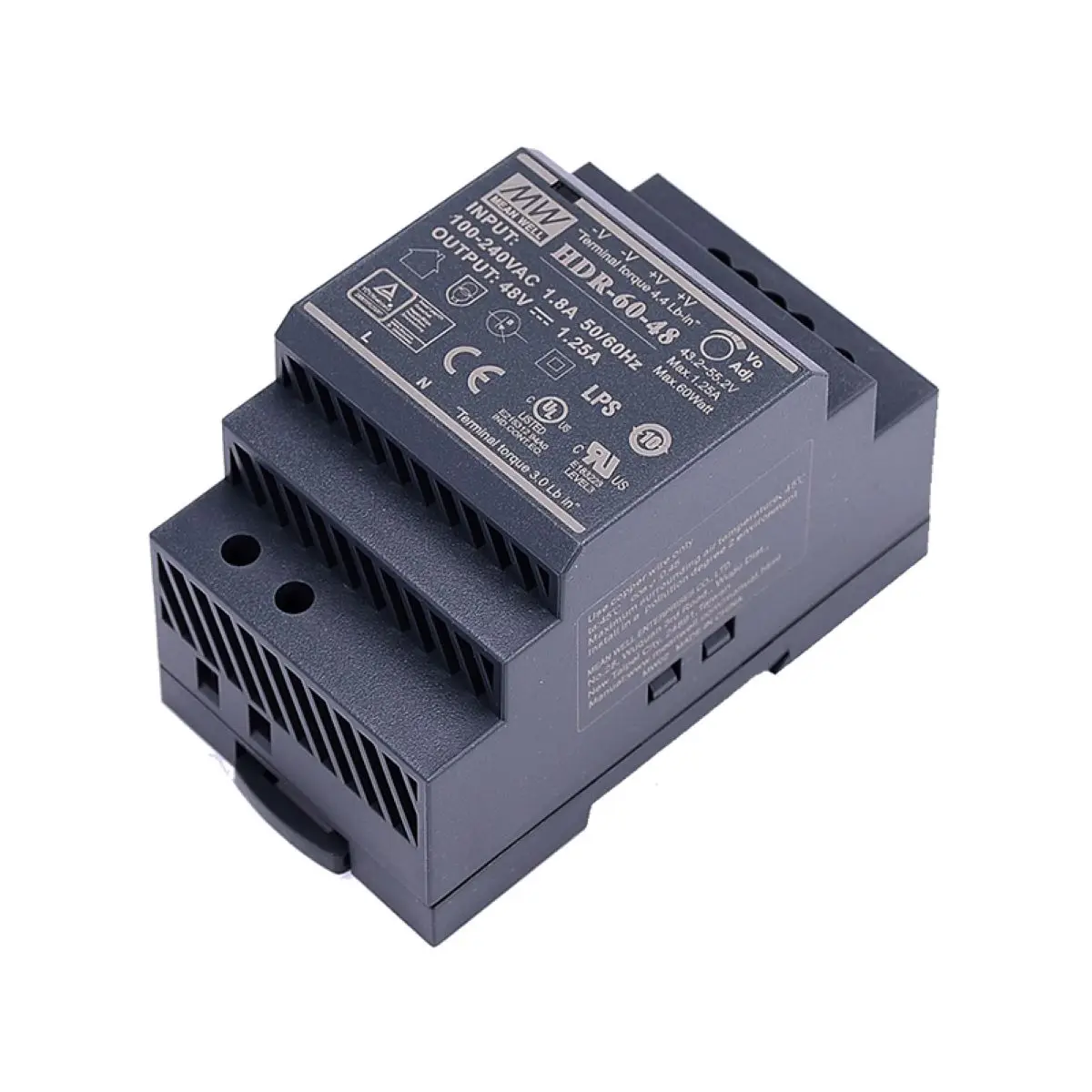HDR-60-48 AC-DC Ultra slim DIN rail power supply; Input range 85-264VAC; Output 48VDC at 1.25A; Pass LPS