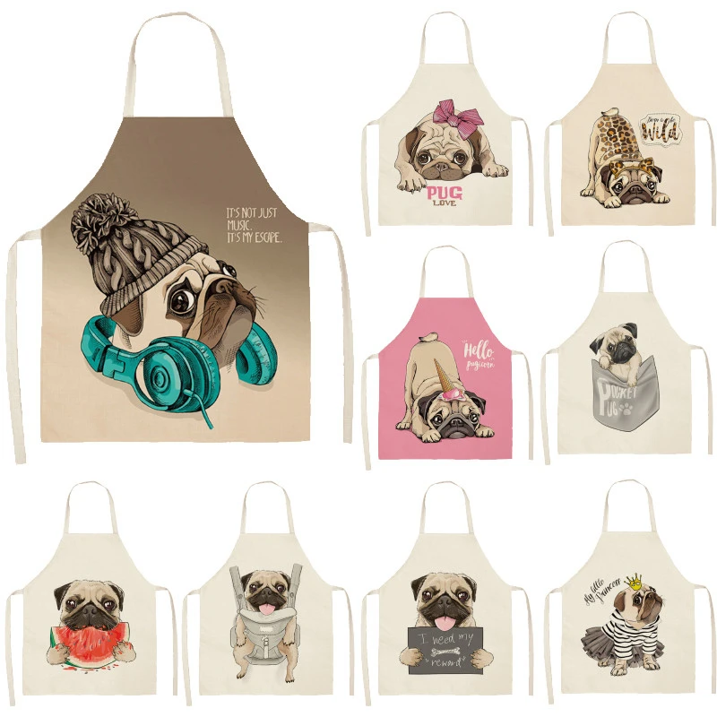 

Cute Dog Pug Pattern Cotton Linen Sleeveless Chef Apron Kitchen Aprons Women Home Cooking Baking Waist Bib Pinafore 55x68cm