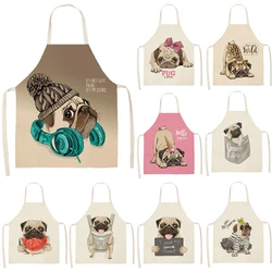 Cute Dog Pug Pattern Cotton Linen Sleeveless Chef Apron Kitchen Aprons Women Home Cooking Baking Waist Bib Pinafore 55x68cm