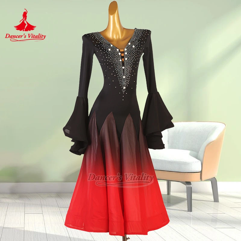 Ballroom Dance Gradient Color Flared Sleeves Dress Dancer's Vitality Adult Women Waltz Foxtrot Tango Perform Clothing Customize