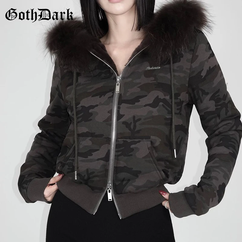 

Goth Dark Streetwear Hoodies Faux Fur Collar Double Zip Hooded Coats Women Casual Pocket Gothic Jackets Y2K Grunge Fall cardigan