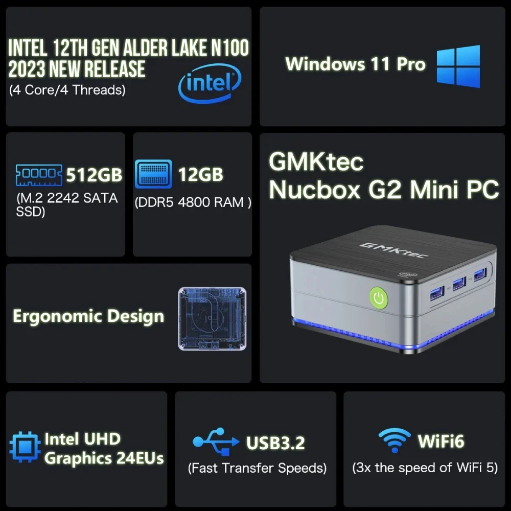GMKtec G2 Mini-PC Windows 11 Pro Intel 12. Generation Alder Lake N100 Mini-PC DDR5 12 GB RAM 512 GB ROM WiFi 6 BT5.2 Desktop-Computer