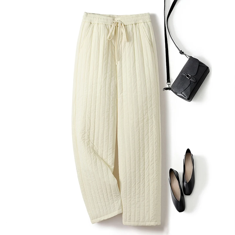 티엔드 코튼 팬츠 여성용 겨울 바지 안감 있는 와이드 레그 끈 조절 방한 롱 팬츠 여성용