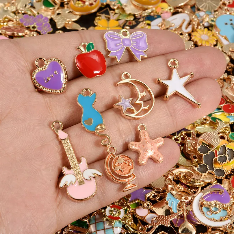 30/60/100pcs Random Mix Enamel/Drip Oil Charms For Jewelry Making Bulk Cute Charm Flower Heart Animal Music DIY Bracelet Pendant