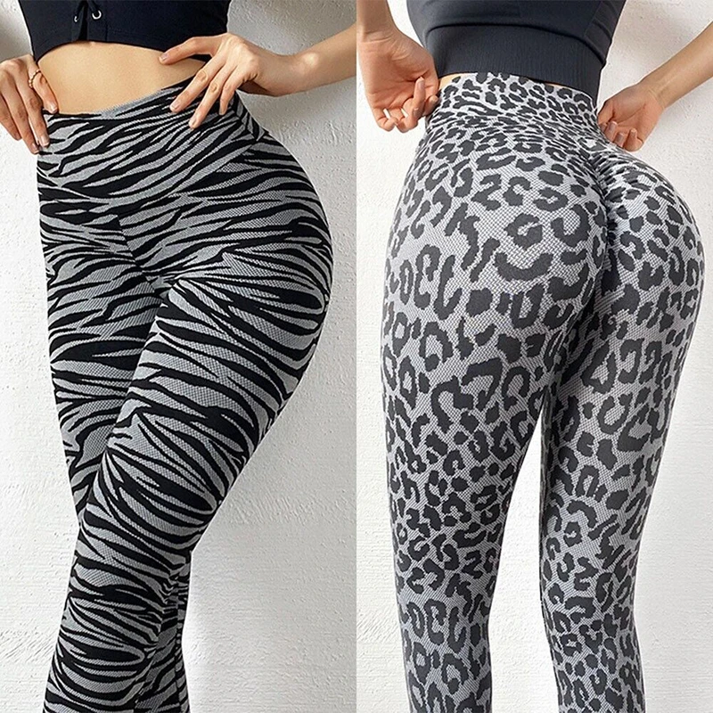 Spodnie damskie legginsy sportowe kobiety seksowne Push Up wysoki stan Scrunch tyłek wzór w cętki rajstopy Fitness Leggins legginsy treningowe