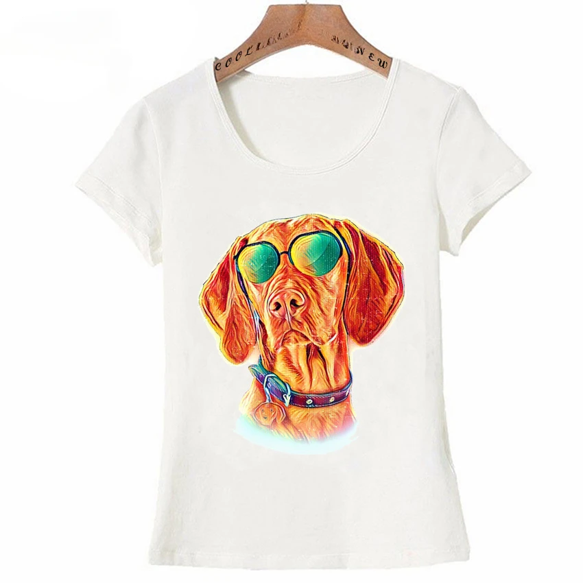 AMEITTE Vizsla Neon Dog Sunglasses Print T-Shirt Women Summer Casual T-shirt Funny Pet Dogs Design White Tees Cute Girl Tops