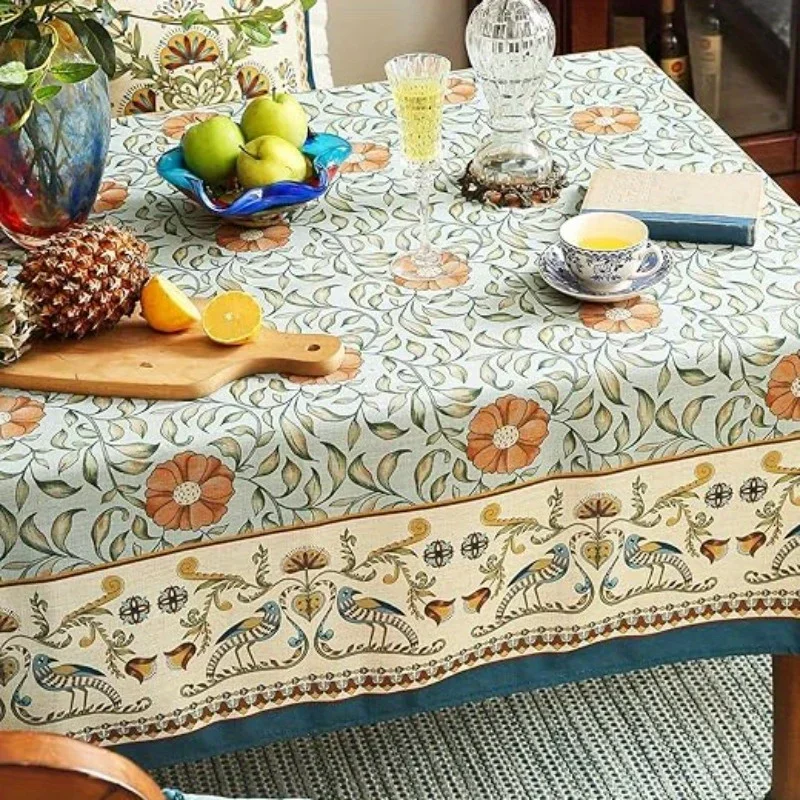 One elegant floral bird pattern tablecloth - washable polyester tablecloth cover, with blue floral decorationxzj