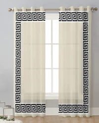 Beige Geometric Greek Key Design Pattern Tulle Living Room Decoration Transparent Sheer Curtains Bedroom Kitchen Voile Drapes