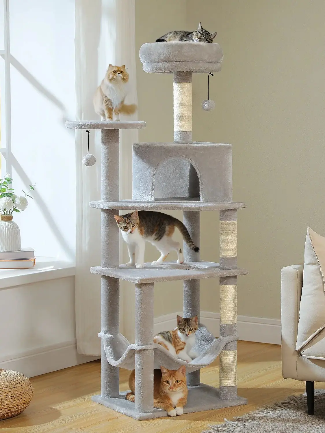 Mehrstufiger Kratzbaum für Katzen im Innenbereich, großer Katzenturm mit gemütlicher Eigentumswohnung, Hängematte, Sisal-Kratzbäume, Katzenkratzer, Bett, Katzenspielzeug