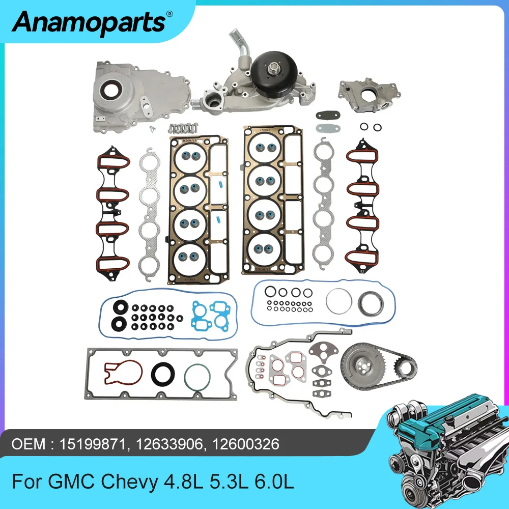 Engine Parts Full Gasket Timing Chain Oil Water Pump Kit Fit 4.8 5.3 6.0 L V8 Gas For GMC Chevy 4.8L 5.3L 6.0L