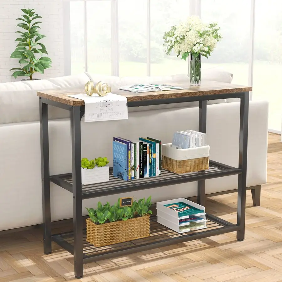 Small Console Table, Sofa Table with Double Mesh Shelves, Industrial Entryway Table for Entryway, Hallway, Foyer, Front Hall, S