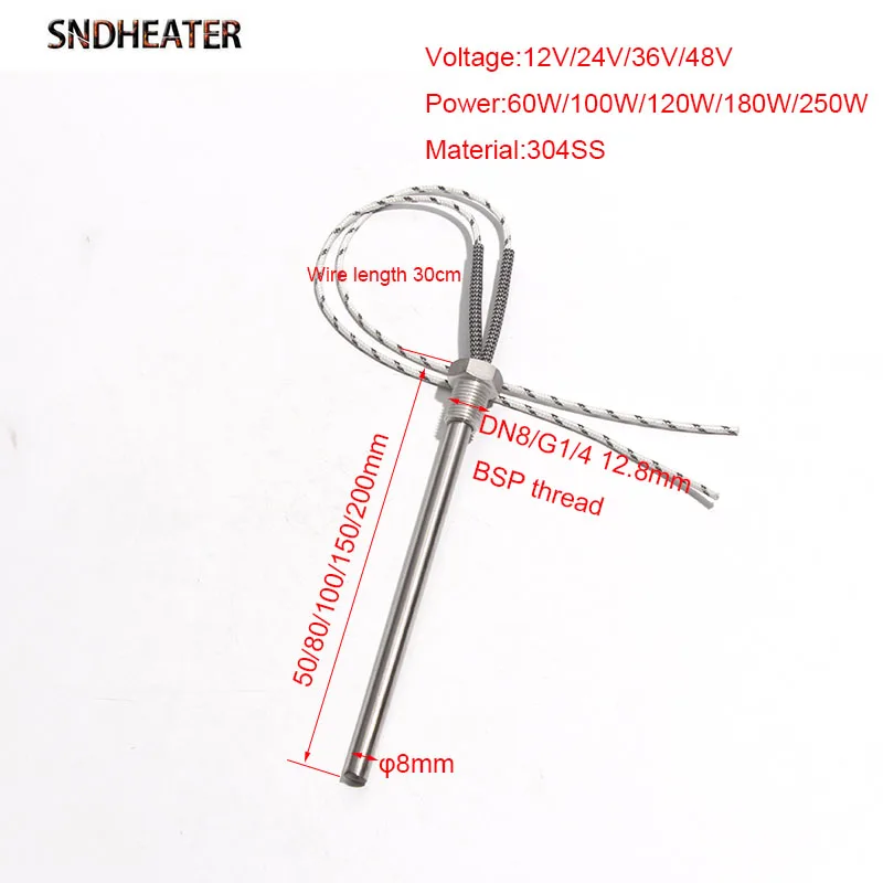 SNDHEATER 1pc DN8 G1/4 12.8mm BSP Threaded Cartridge Heater 12V/24V/36V/48V 304SS Mold Threaded Single Head Tube 8x50-100mm