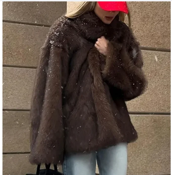 

Женское свободное пальто из искусственного меха с лацканами, элегантное роскошное пушистое пальто с v-образным вырезом и длинными рукавами, женская модная зимняя повседневная куртка Highstreet