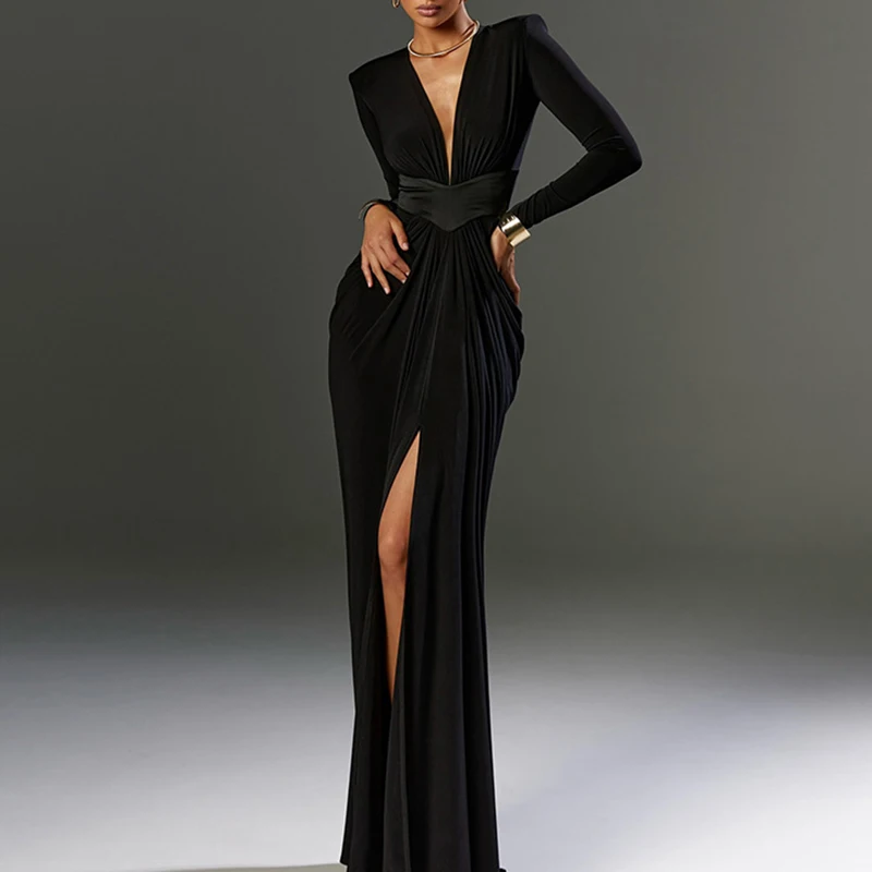 Sexy Deep V-neck High Slit Formal Occasion Dresses Black With Shoulder Padded Evening Dress Elegant High Waist Tunics Prom Gown