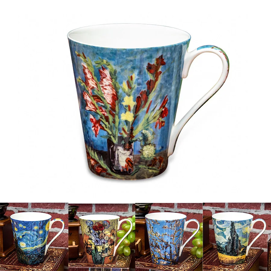 

5 Pcs Set Bone China Van Gogh Oil Painting Art Mugs Coffee Cup Flower Tea Tumbler Gift Box Luxury Creative Ceramic Tableware
