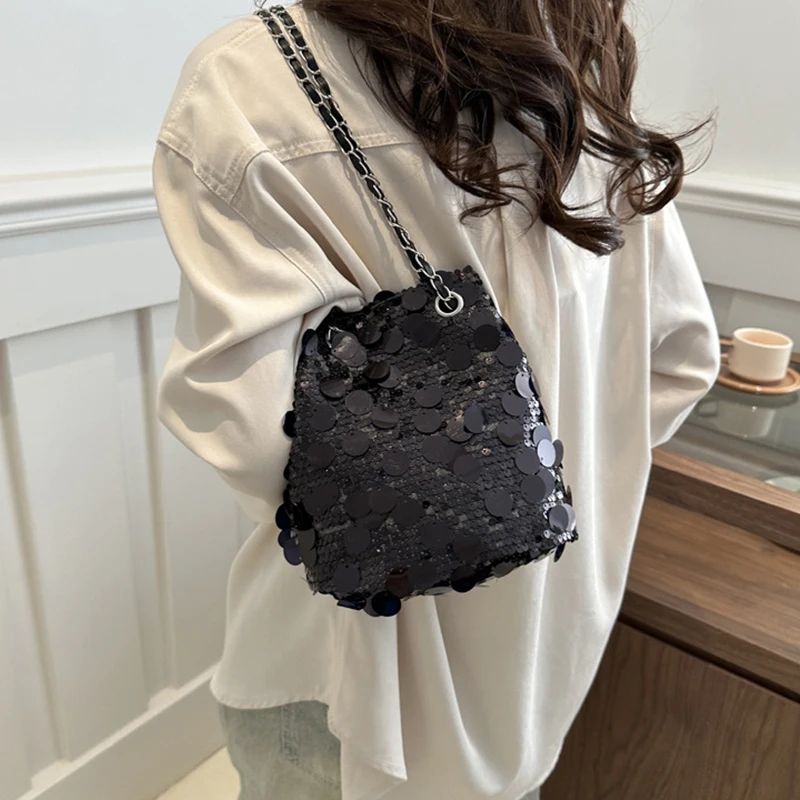 Fashion Trend Sequin Chain Single Shoulder Crossbody Bag Large Capacity Bucket Bag