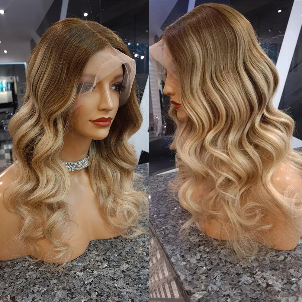 Natural Lace Front Wig Golden Blonde Wig Melted Roots Balayage Lace Frontal Wigs 13x4 Synthetic Cosplay Top Grade Realicstic