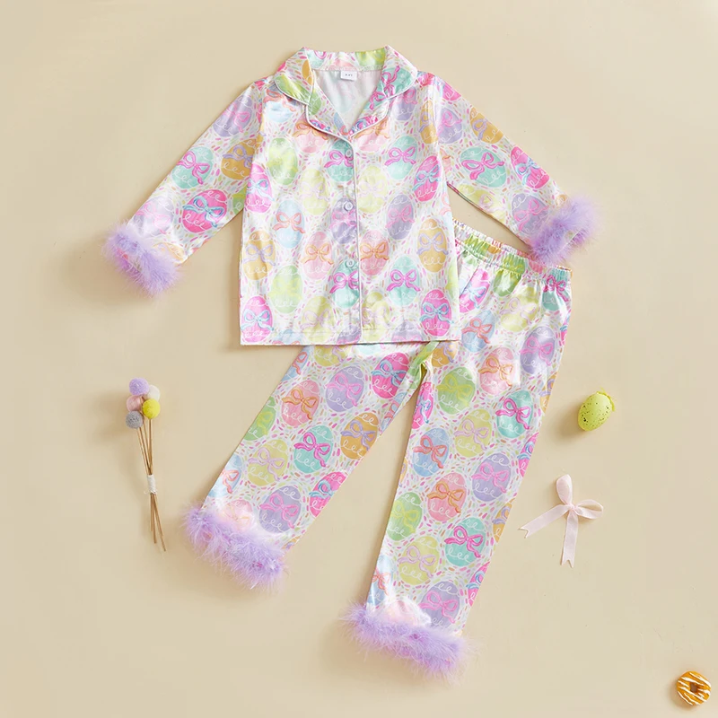 Ensemble pyjama deux pièces pour enfants filles, imprimé œufs de pâques, Patchwork de fourrure, chemises à manches longues, hauts avec pantalons, vêtements de nuit