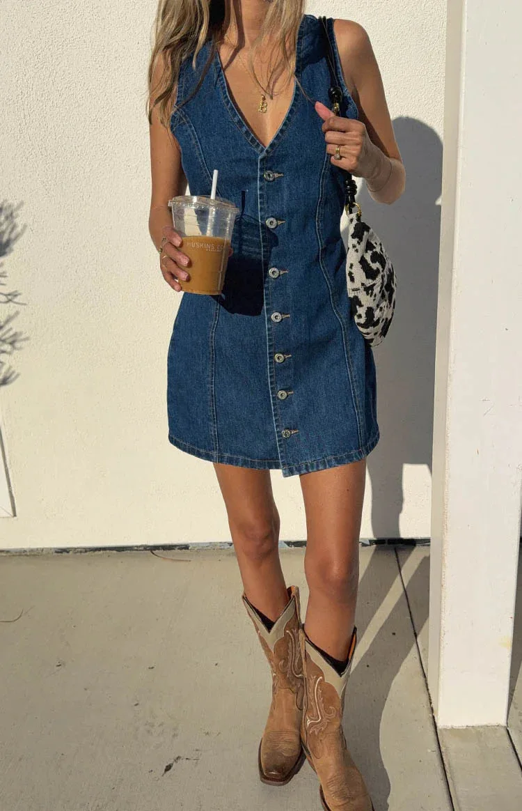 

Women's Dark Blue Sleeveless Denim Dress Deep V-Neck Button Front Tie-Waist Mini Gown Casual Daily Outfit For Dating Hangout