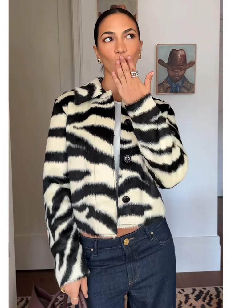 Women Zebra Print Long Hair Faux Fur Short Jacket Lapel Single Breasted Trendy Cropped Fluffy Warm Street Fashion Outer Coat