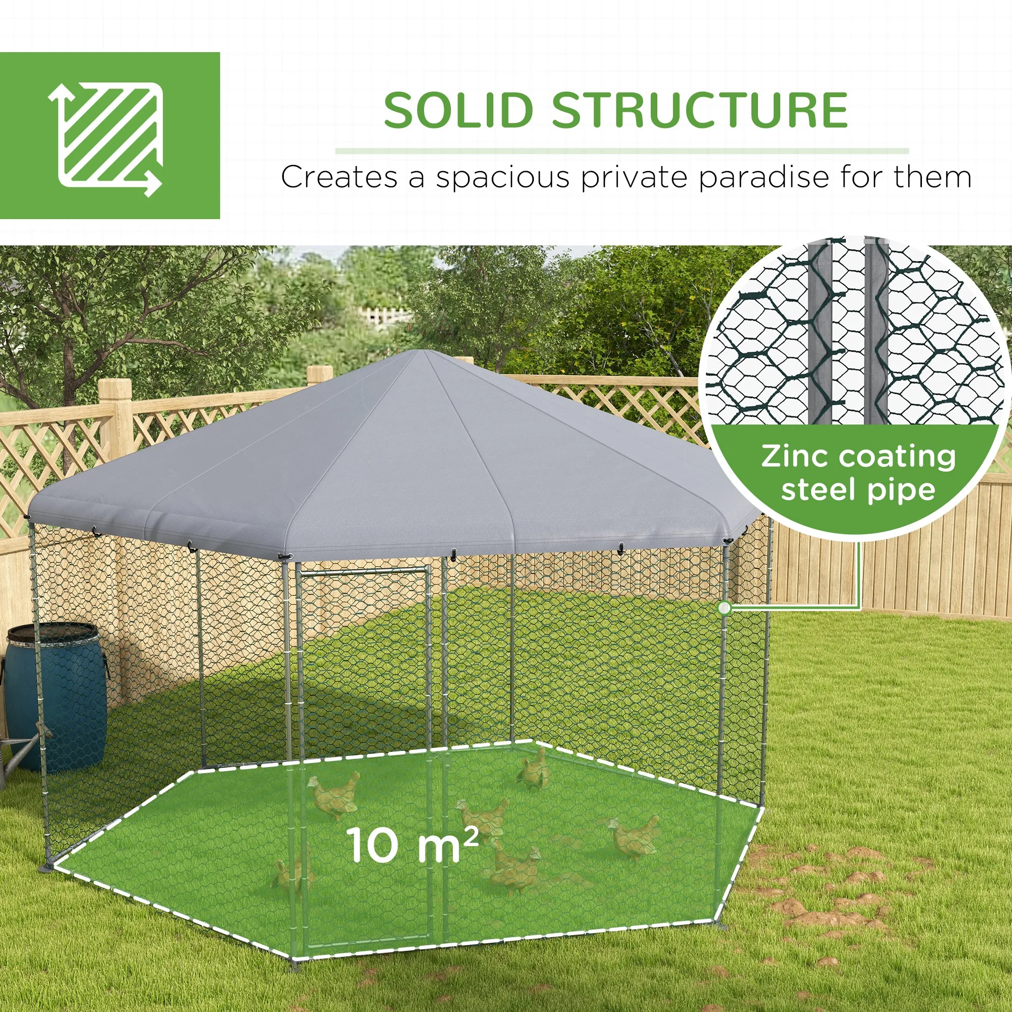 PawHut Walk in Chicken Run Chicken Coop with Cover, for 10-15 Chickens, Hens, Rabbits, Ducks, 4 x 3.5 x 2.6m - Silver Tone