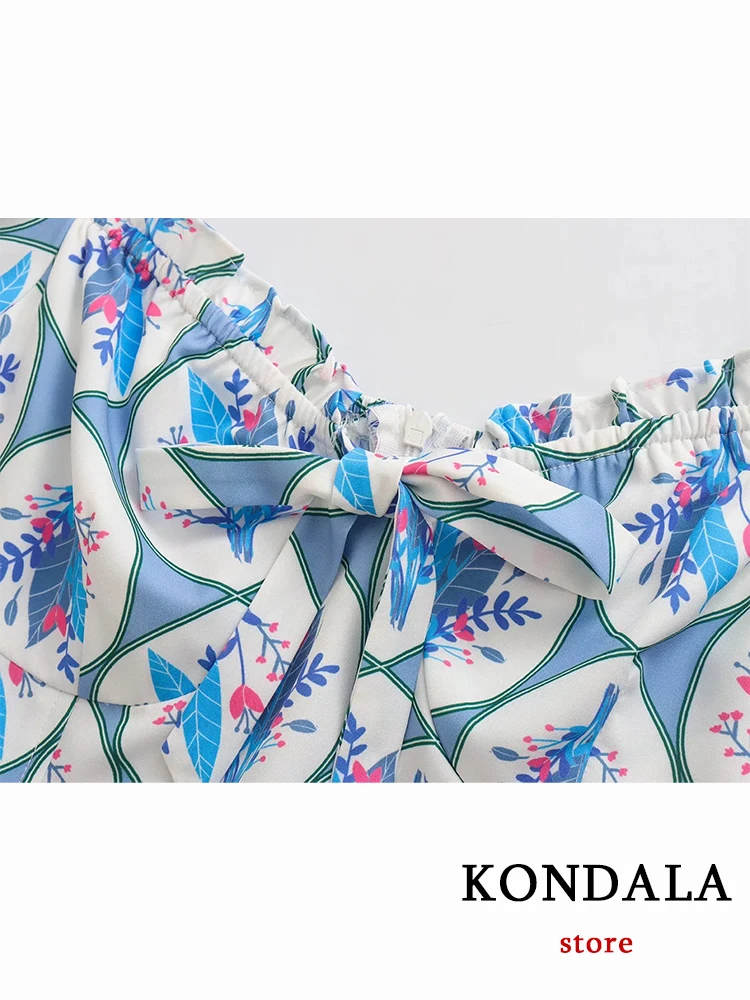 Kondala boho azul floral impressão mini vestido feminino laço de manga curta babados moda 2022 vestido de verão elegante mujer vestidos