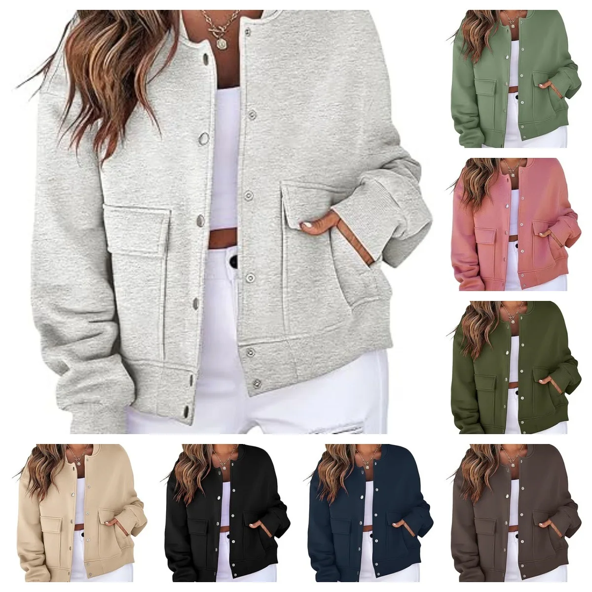 เสื้อแจ็คเก็ตสั้นแฟชั่นผู้หญิงคอลเลคชั่นฤดูใบไม้ร่วงปี 2025 คอกลม ผ้าริบ มีกระเป๋าคู่