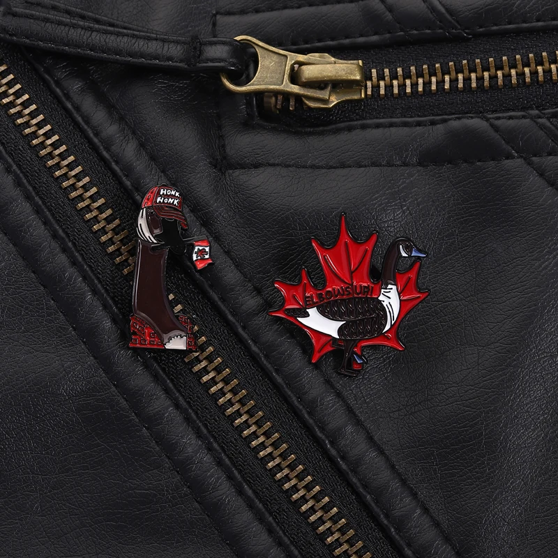 Canadian Culture Pins Maple Leaf ELBOWS UP Design Duck with Flag Humorous National Theme Brooches for Souvenir Collection