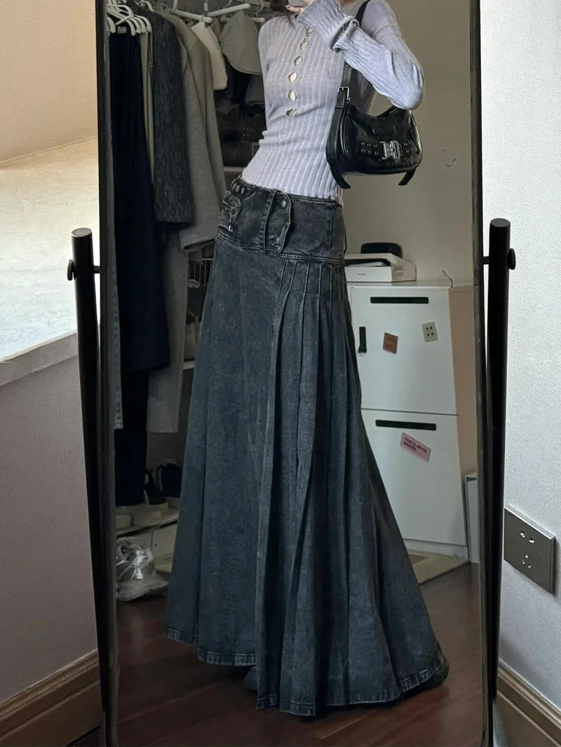 レトロなウェイドAラインワークスカート レディース サマー2025 Y2K ミレニアム スレ ホットガールデザイン ロングスカート ハイウエスト デニム生地
