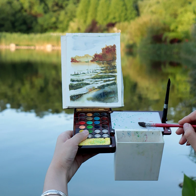 Acrylic Tawny Mini Portable Easel Palette/Watercolor Outdoor Sketch Painting Tilting Desktop Folding Panel Holder Paint Box