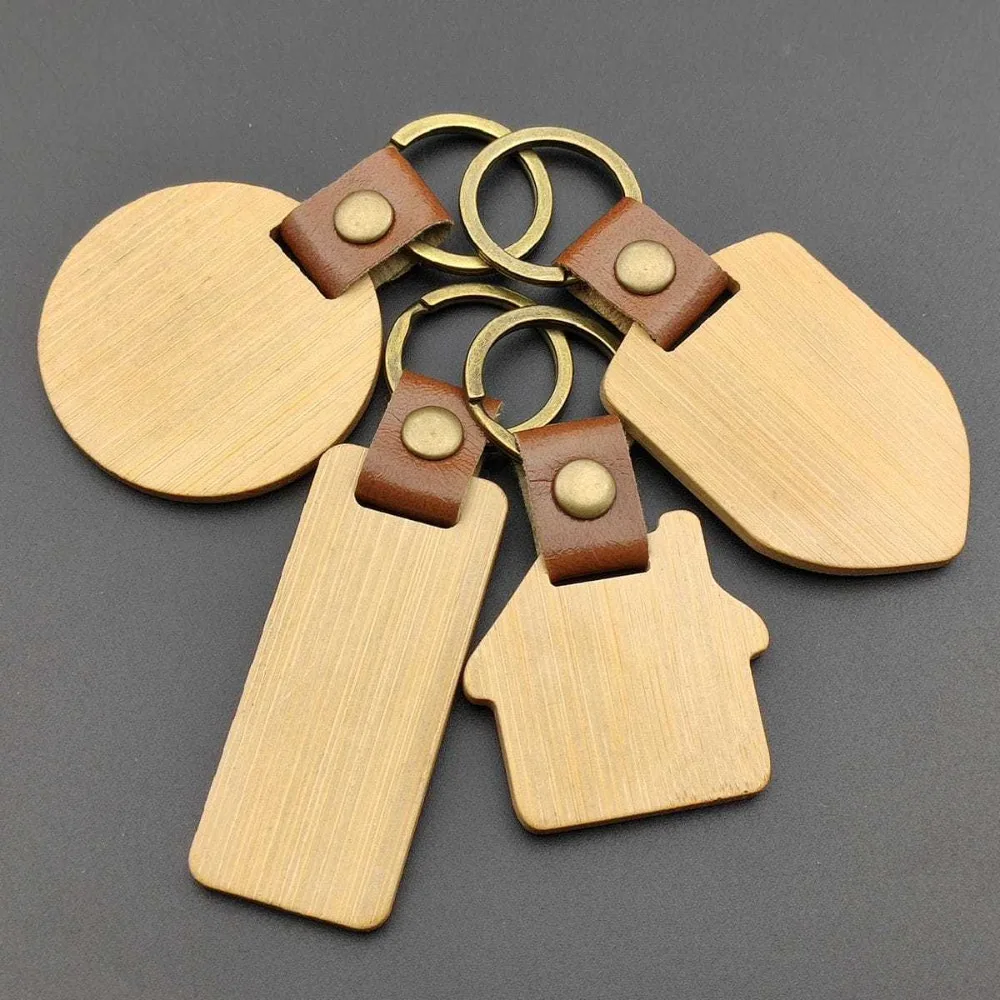 Wooden Keychain Rectangular Circular Keychain House Shaped Shield Keyring Gift Customization Personalized Fashion DIY