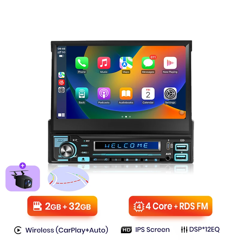 Junsun 7 "Automatisch intrekbaar IPS-aanraakscherm Universeel 1 Din Draadloos CarPlay Android Auto Stereo Radio GPS-navigatie