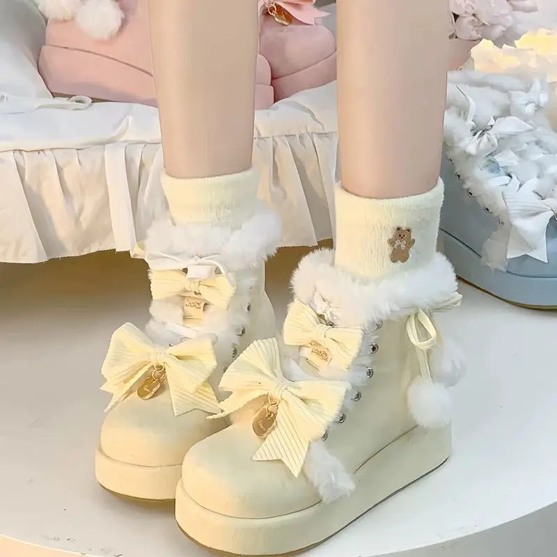 

Winter New Lolita Cute Pom Ball Bow Heightening Medium Tube Platform Muffin Shoes Sweet PU Leather Straps Warm Snow Boots Women