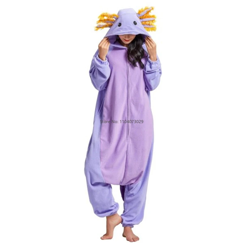 Onesieshow piyama Kigurumi hewan Halloween Onesie anak-anak dewasa kartun ungu piyama Cosplay Axolotl pesta pakaian rumah pria wanita