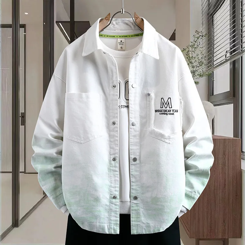 

Spring Autumn Square Collar Denim Jaet Men's Casual Faion Daily Matched irt American Sle Loose Fit Long Sve