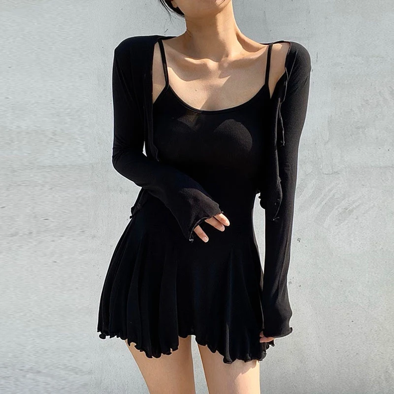 

Модный удобный сексуальный модный комплект из двух предметов с поясом и драпировкой на бретельках, кардиган Dr, хлопковый материал для женщин