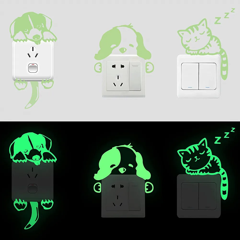 Waterdichte Lichtgevende Schakelaar Sticker Cartoon Schattige Katten Honden Patroon Decoratieve Muurstickers Voor Kinderkamer Woonkamer Slaapkamer