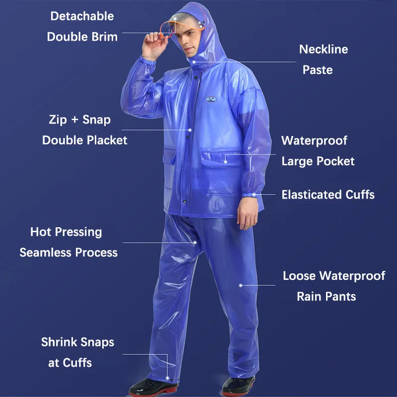 Adult Reflective Split Raincoat Waterproof Rain Jacket Pants Set Impermeable Motorcycle Outdoor Hiking Fishing Rain Protect Gear