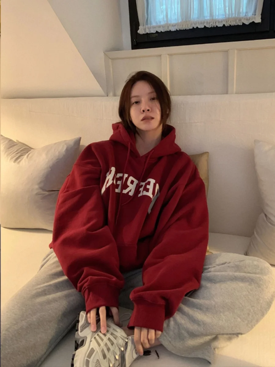 

Red Hooded Women Clothing Vintage Street Sweatshirt Hiphop Y2K Letter Printing Pullover Long Sleeves Warm Oversize Ladies Tops